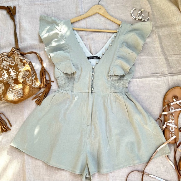 Sage Green Ruffled Button-Front Romper - Picture 12 of 15